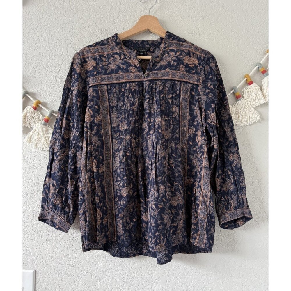Lucky Brand Floral Paisley Pleated Peasant Viscose Top Boho Feminine Cottage M